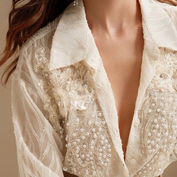 Apricot Elegant Women's Embellished Floral Long Sleeve Sheer Jacquard Shirt - Picture 2 of 7